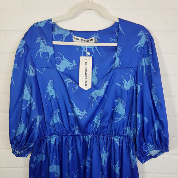 Twisted Wunder Christine Horse Print Mini Dress UK 22 Blue Satin Funky Plus BNWT - Picture 4 of 14